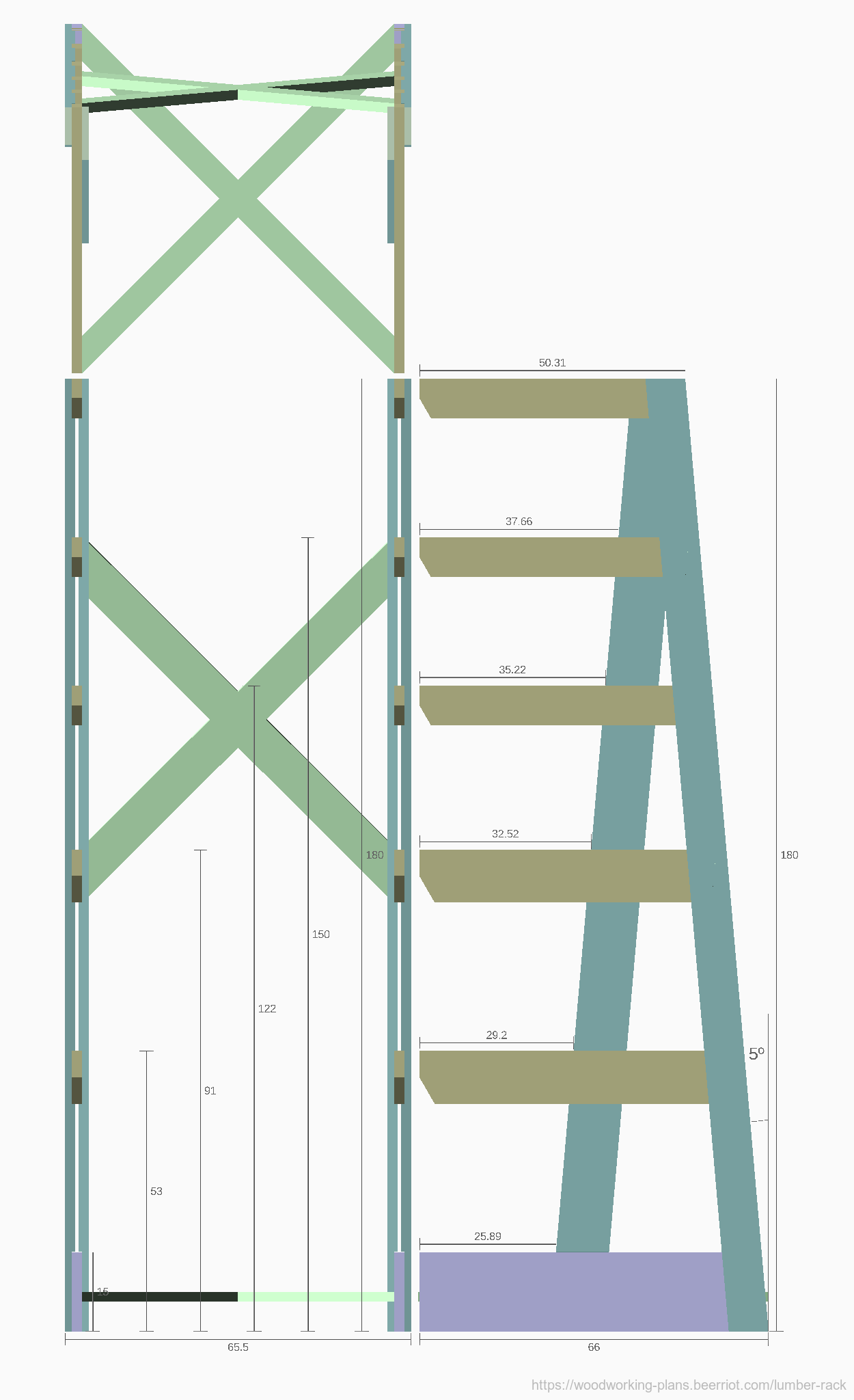 Third-angle view of the assembled lumber rack.